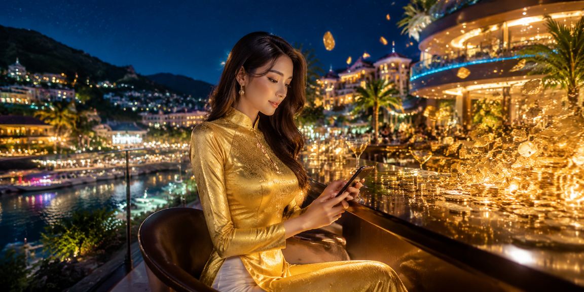 Người dùng tại Sapa truy cập casino trực tuyến trên điện thoại với trang phục truyền thống áo dài
